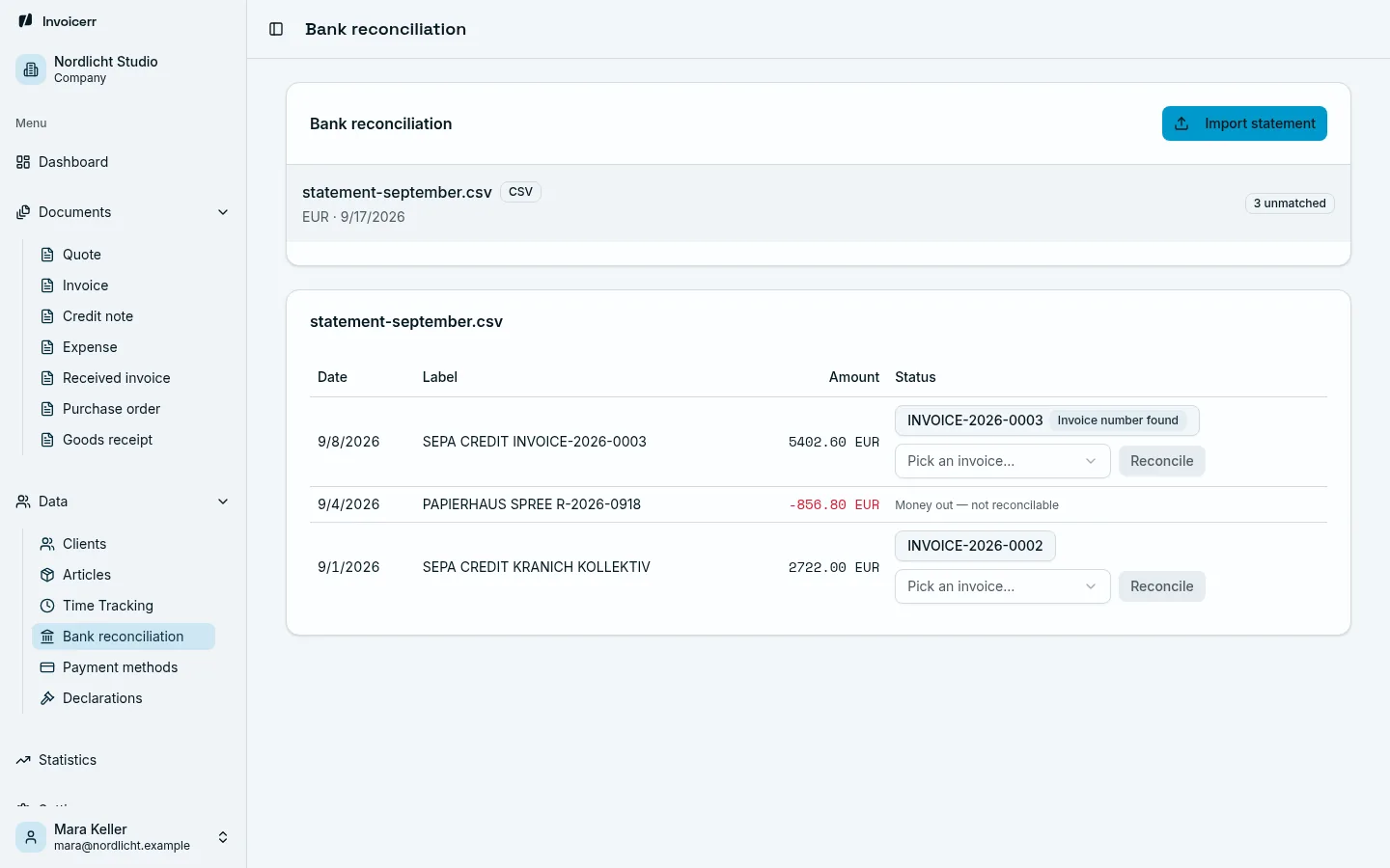 Bank reconciliation: imported statement lines with a suggested invoice match.