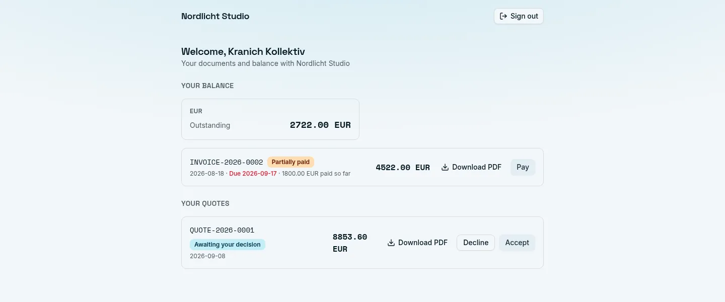 The client portal: a client's own documents and outstanding balance.