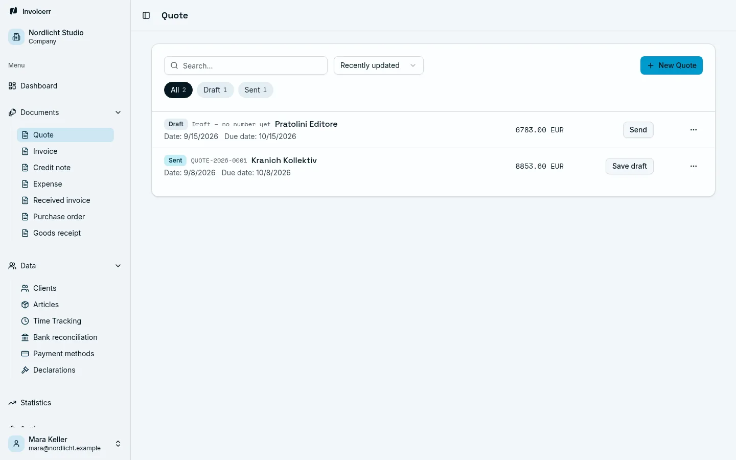 The quotes list in Invoicerr, with status and amount for each quote.