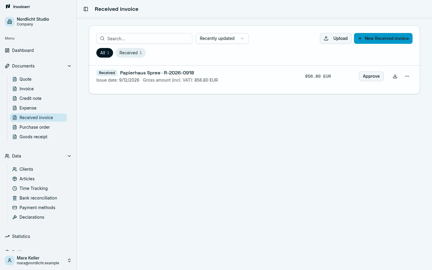Received invoices waiting for review, with OCR-read amounts.